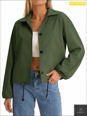 Cropped Bomber Jacket Button Down Lapel Collar Adjustable Waist Trench Coat